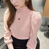 Zingj Korean Version Semi-High Round Collar Design Bubble Sleeve Knitted Sweater Autumn And Winter New Foreign Style Pullover Women's