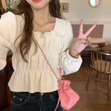 T-shirts Women Puff Long Sleeve Pleated Retro Design Fashion Chic Gentle Autumn Ulzzang Simple Square Collar