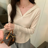 Basic Style Threaded Hooded Top Women's Autumn And Winter New Slim Short-Sleeved