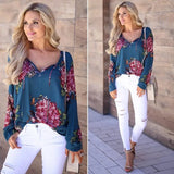 V Neck summer printed Flora lace Up chiffon blouse Ladies Long Sleeve Shirts blusas mujer de moda