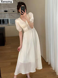 New Women Fashion Midi Dress Elegant Short Sleeve A Line Vestdios Female Party Casual Sweet French