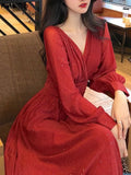 Elegant France Sequin Party Dress Vintage Long Sleeve V-Neck A-Line Robe Women Spring Solid Slim Vestidos
