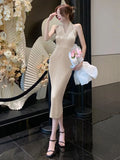 Women New Halter Elegant Party Midi Kinit Dress Female Fashion Sexy Ladies Sleeveless