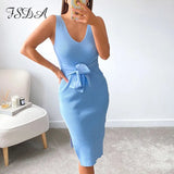 2021 Summer Stripe Knitted Bodycon Dress Midi Women Blue Sexy V Neck Elegant Bandage Casual Sleeveless Party
