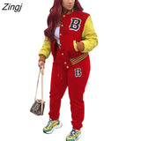 Striped print Women Fall Two piece Set Sweatshirt Zipp jacket Top Trousers Sports Baseball Uniform Workout