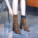 Zingj Fashion Boots Women's High Heel 2024 Winter New Suede Versatile Thin Boots Pointed Thick Heel Leopard Print Short