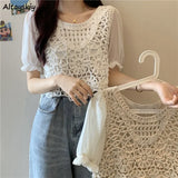 Women Office Lady Sweet Hollow Out Casual O-neck Puff Sleeve Trendy All-match Ins Popular Tops Tee Korean Style