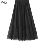 Skirt Women High Waist Lace Mesh Long Skirt Female Spring Vintage Korean Black Beige A-line Pleated Midi Skirt Faldas