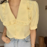 Women Blouses Solid Ruffles Sweet Short Sleeve Peter Pan Collar Tender Elegant Teens All-match Retro Ulzzang Lovely XS-3XL