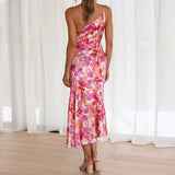 New Fashion Print Temperament Collared Shoulder Sling Sling Mid-Long Dress