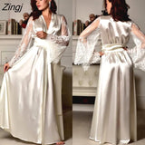 Womens Solid Sexy Silk Satin Lace Long Sleeve Deep V Bathrobe Pajamas Robe Lingerie Sleepwear