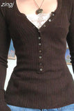 Crop Top Women Lace Button T Shirt Female Long Sleeve Top Knitted Sweater Ladies Solid Basic Slim Tee Spring