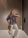 Zingj Fashion Casual Print Hollowed-Out Lace-Up With Lotus Leaf Bubble Sleeves Shirt Women's