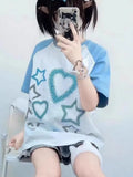 Japanese Y2k Aesthetic Heart Print T-shirt Preppy Loose Chic Sweet Tshirts Women Student Kawaii Fairy Harajuku Tee
