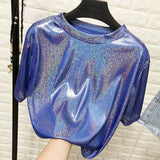 summer retro style stylish bright silk woman tops shiny loose short sleeve t-shirt sexy club aesthetic harajuku women