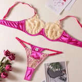Pink Satin Lace Patchwork Lingerie Set- Outfit