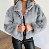 Warm Jacket Women Long Sleeve Zipper Coat Solid Stand Up Collar Outerwear Plush Female Clothes Plus Size