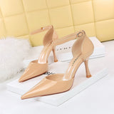 Zingj Simple Wine Glass With Super High Heel Shallow Pointed Patent Leather Sexy Hollow Shoes One Word Belt