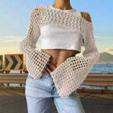 Zingj New Women's Hand Hook Sweater Women's Casual Ultra-Short Horn Sleeve Sexy Grid Smock