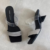 Summer New Toe Slippers Women Wearing Square Head Drill Word With Thick Heel Large-Size Cool Drag High