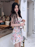 Floral Sexy Dress Women Summer Print Party Mini Dresses Casual Lace Holiday Korean Fashion Beach Strap Chiffon Dress