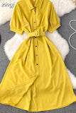Vintage Green/Blue/Red Turn-Down Collar Single Breasted Dress Casual Short Sleeve High Waist A-Line Midi Robe New