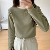 Long-Sleeved T-Shirt Women's New Design Is Full Of Impact Color Round-Neck Waffle Top And Bottom