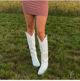 Onlymaker Women White Knee High Boots Western Cowboy Boots Wide Calf Embroidered Pointed Toe Block Heel Pull-On Cowgirl