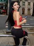 Red Lace Sheer Halter Crop Top And Flare Pants Set- Outfit