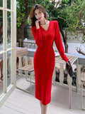 Zingj Vintage 2024 Autumn Design With Long-Sleeved V-Collar Knitted Dress, High Waist And Hip Hair