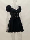 Cross Print Strap Shoulder Lace Spliced Dress Dark Sexy Slim Princess