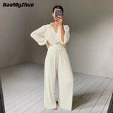 Autumn Two Piece Wide Leg Pant Suits 2022 Women Tracksuit Sets Casual Single Breasted Female Turn Down Collar Shirts