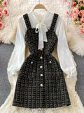 Women Two Piece Set 2023 Korean Fashion Bowtied Collar White Blouse And Spaghetti Strap Single Breasted Mini Tweed Dress