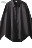 Fashion Button Up Satin Silk Shirt Vintage Blouse Casual Loose Button Up Down Shirts Tops Lady Long Sleeve Female
