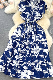 Women Floral Chiffon Midi Dress Vintage V-Neck Ruffle Hem Elegant Single Breasted Vestidos Female Vacation Beach Robe