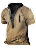 Summer Casual Short Sleeve T-shirt Men Vintage Button O-Neck Loose Pullover Tops Fashion Pattern Printed Tee Men