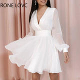 Women Solid Deep V neck Lantern Sleeve Mini Sexy