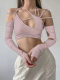Women Halter Tops Gothic egirl Patchwork Long Sleeve Crop Top Sexy Cut Out Casual