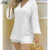 Women Plain Bell Sleeve V-Neck Long Casual Loose Top & Shorts Set Casual Summer Solid Streetewar Suit