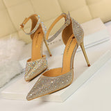 Zingj Korean Version Of Sweet High Heels With High Heel Shallow Pointed Hollow Out A Word With Shiny Rhinestone