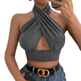 Summer Tank Tops Sexy Solid Color Cross Halter Neck Push Up Hollow Crop Tops 2022 New