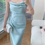 Women Satin Strap Midi Sleeveless Split Dress Ruched Backless Bodycon Sexy Party Elegant Club Slim Clothes