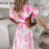 Women Casual Graphic Flying Sleeves Button and Tape Midi