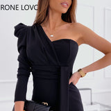 Women Solid Elegant One Shoulder Long Puff SleevesSexy Formal Party Black