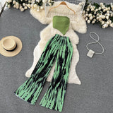 Zingj Girl Set Girl Strapless Strap Short Knit Top Print High Waist Wide Leg Trousers Two-Piece