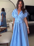 Elegant 3d Flower Pleated V Neck Long Dresses Women 2024 New Off Shoulder Sleeveless Maxi Dress Ladies Vacation