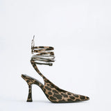 ZAR 2022 Summer Leopard Pumps for Women Fashion Ponited Toe Rhinestone Interchangeable Strap Party Heels Feminine Vintage