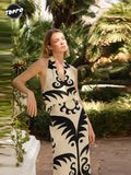 Women Sexy Sleeveless Backless Halter Print Tops Sets Fashion High Waist Slim Long Skirts Suits Summer Female Vocation
