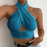 Summer Tank Tops Sexy Solid Color Cross Halter Neck Push Up Hollow Crop Tops 2022 New