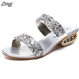 Sequin Slippers Women Summer Luxury Golden Square Heel Party Shoes Slides Woman Open Toe Med Heels Beach